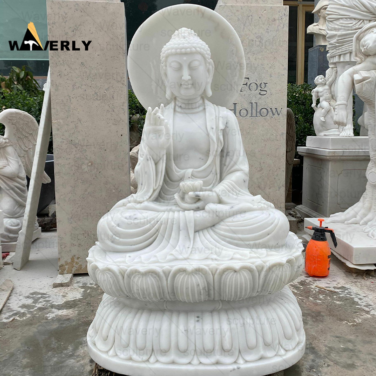 Religious Temple White Stone Buddha Statue-MBK35007