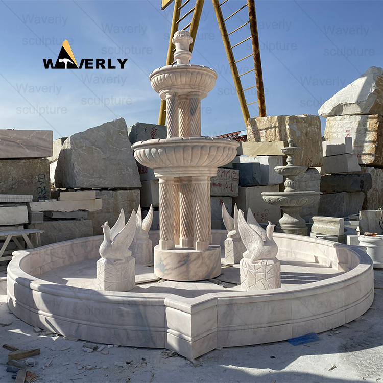 Crane Statue And Spiral Column Carved Water Fountain-MFK311001