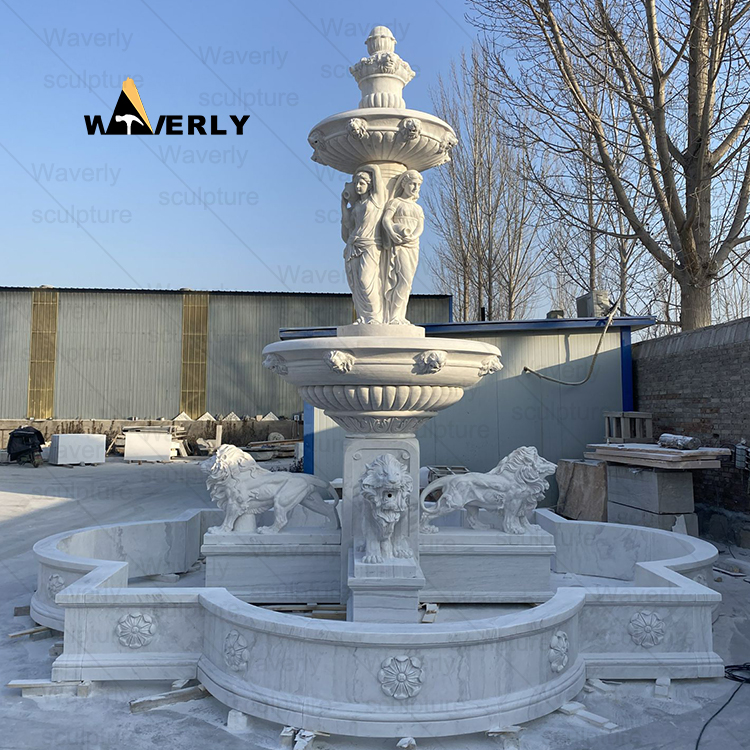 Marble Fountain with Lion And Lady Statues-MFK311005