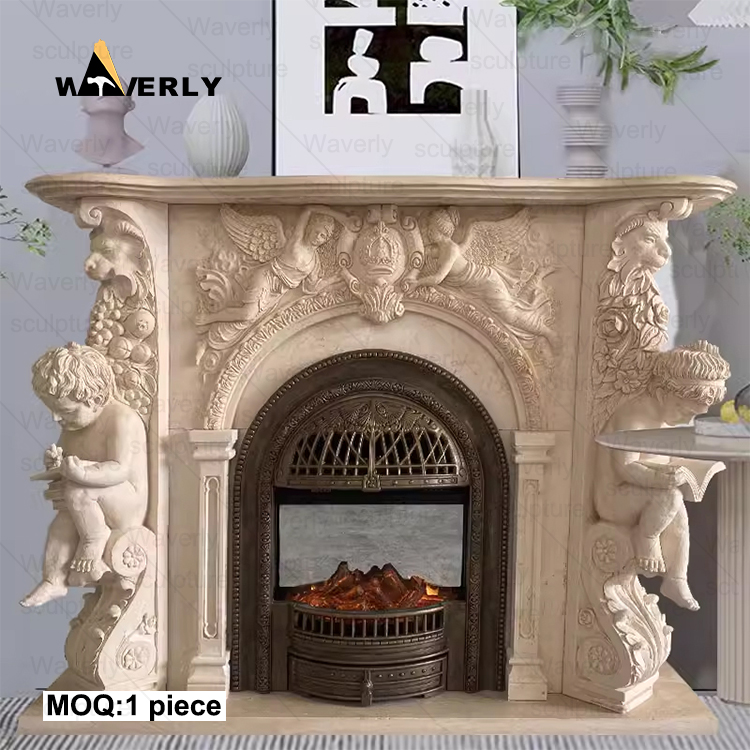 Antique Granite Marble Stone Fireplace Mantel With Children And Angel Statue CMF24-71705