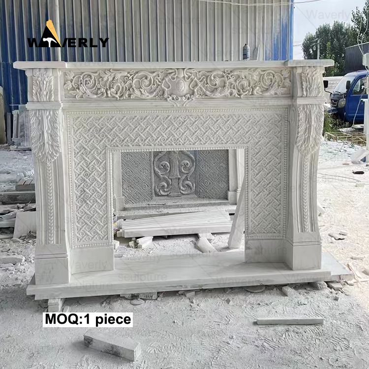 Hand carved white and black marble fireplace mantel CMF24-71706