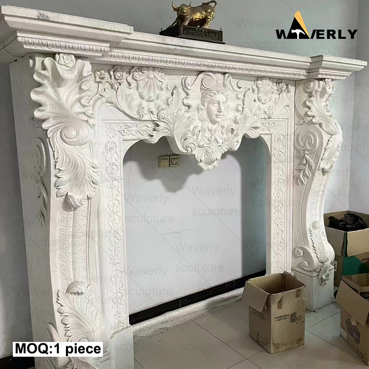 Hand carved white and black marble fireplace mantel CMF24-71706