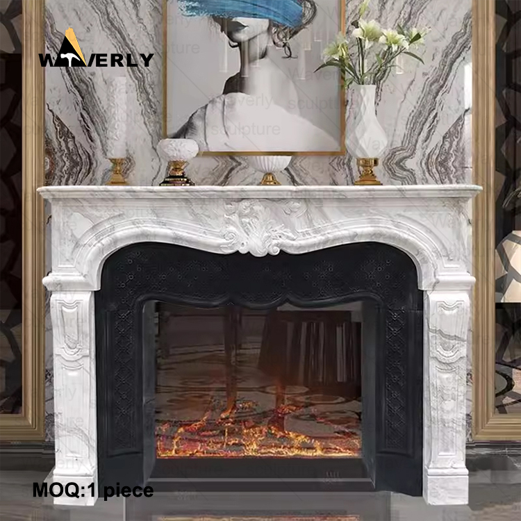 Hand carved white and black marble fireplace mantel CMF24-71706