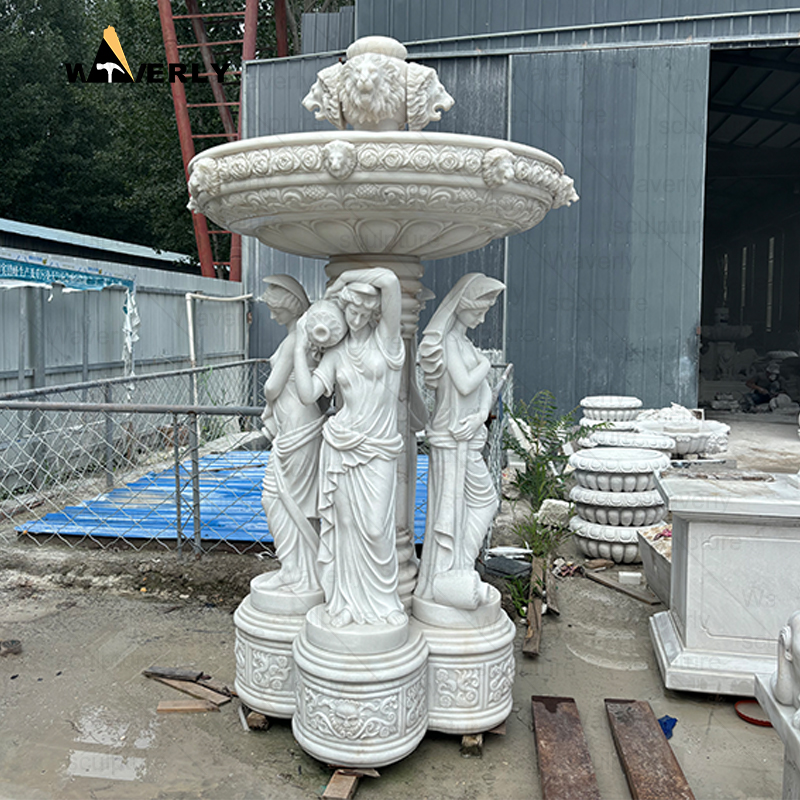 White marble woman and lion head statue water fountain -MFC9901