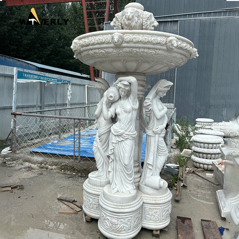 White marble woman and lion head statue water fountain -MFC9901