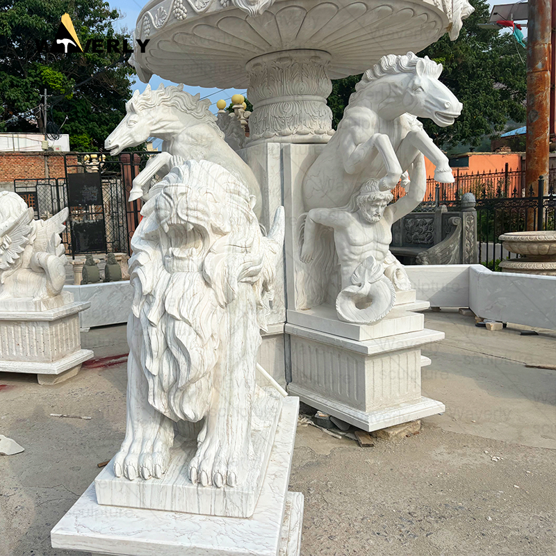 Custom Giant marble stone fountain with horse lion and figure statue -MFC9103