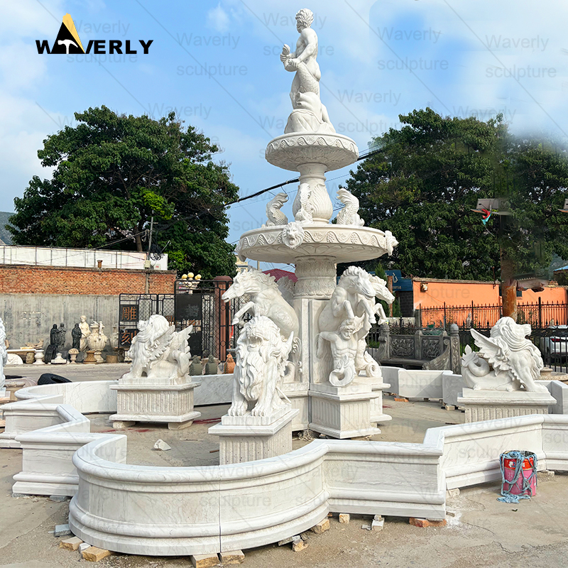 Custom Giant marble stone fountain with horse lion and figure statue -MFC9103