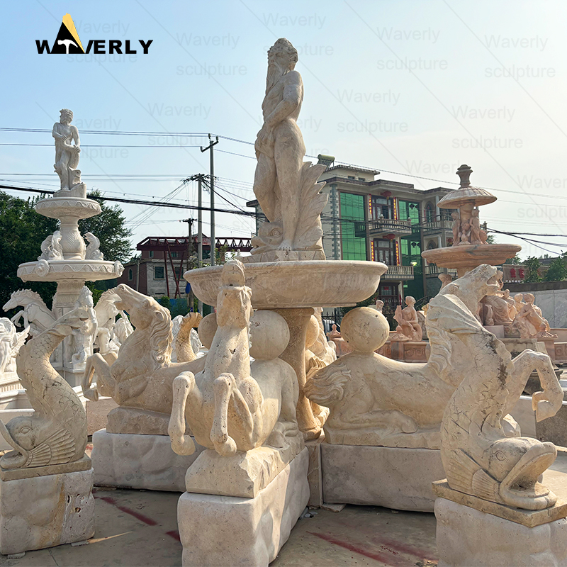 Large Luxury Travetine Stone Water Fountain With horse and statues  -MFC9104