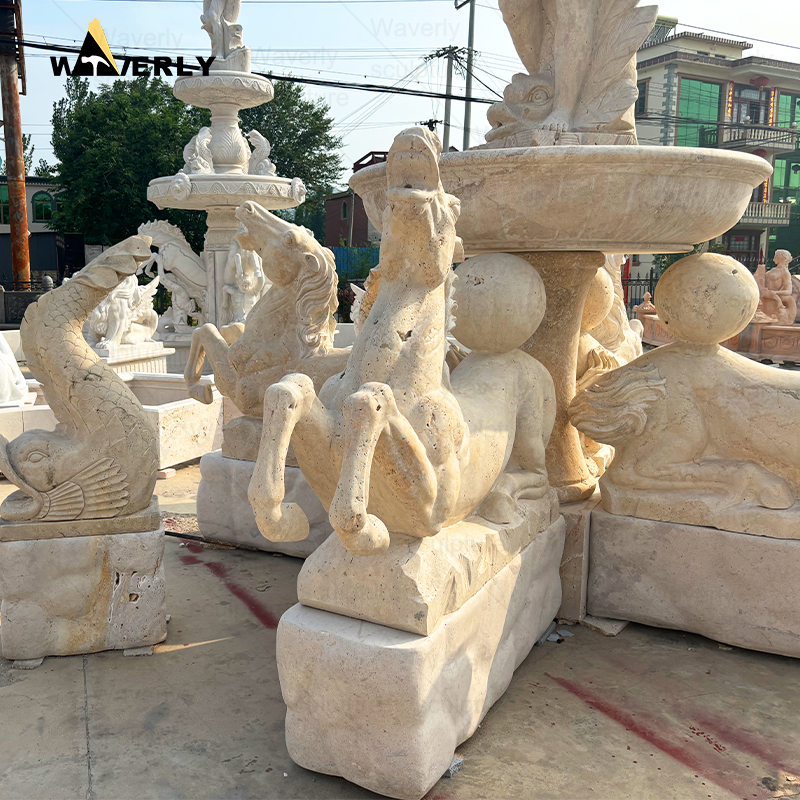 Large Luxury Travetine Stone Water Fountain With horse and statues  -MFC9104