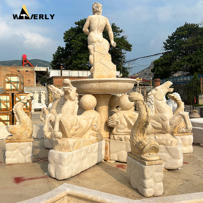 Large Luxury Travetine Stone Water Fountain With horse and statues  -MFC9104