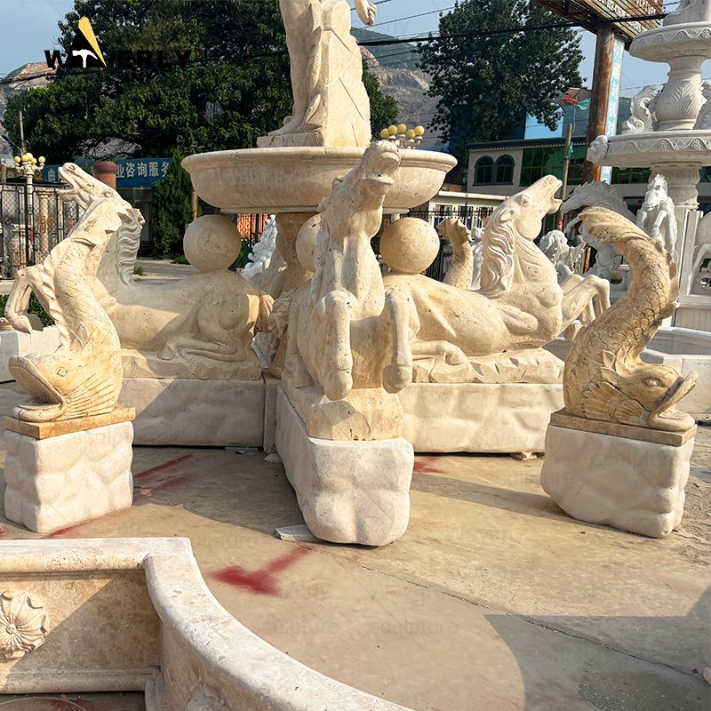 Large Luxury Travetine Stone Water Fountain With horse and statues  -MFC9104