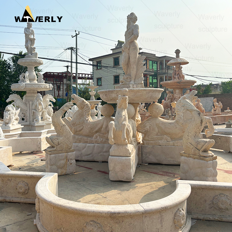 Large Luxury Travetine Stone Water Fountain With horse and statues  -MFC9104