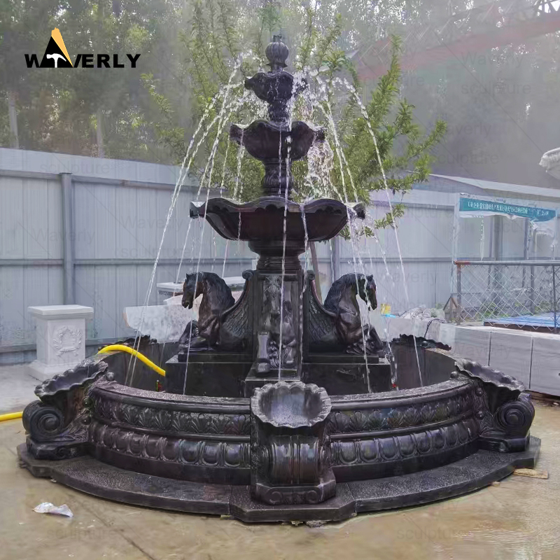 Custom Black Stone Marble Water Fountain With Horse Statue  -MFC91103