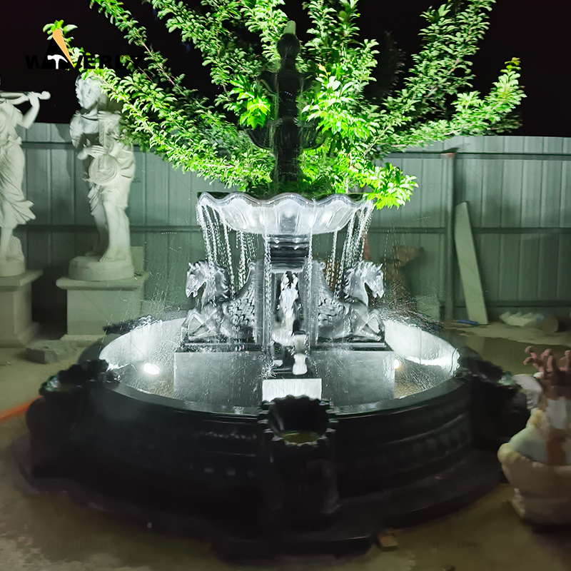 Custom Black Stone Marble Water Fountain With Horse Statue  -MFC91103