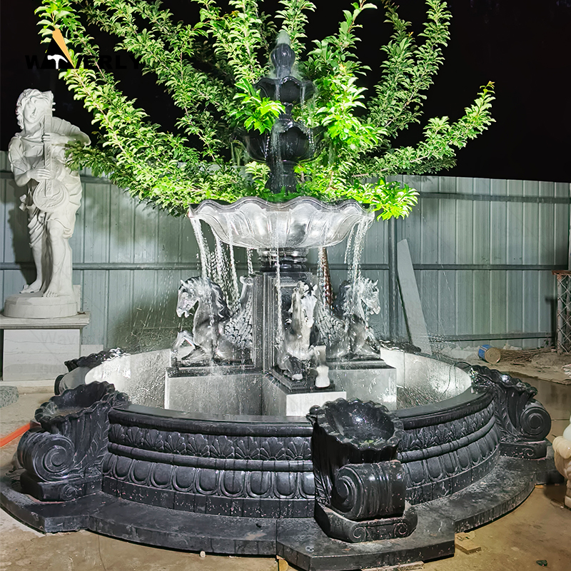 Custom Black Stone Marble Water Fountain With Horse Statue  -MFC91103