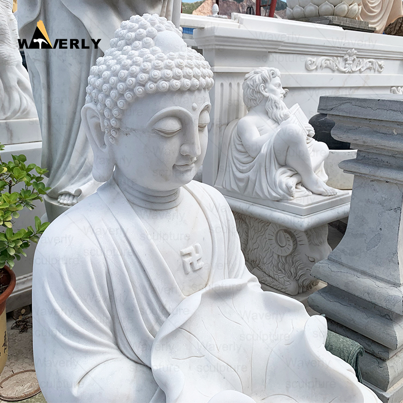 White marble buddha and lotus statues MBC24-9-2002