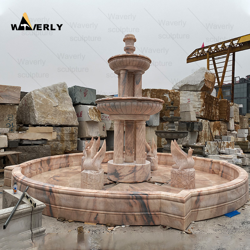 Large sunset red marble water fountain with column and swan sculpture MFC101502