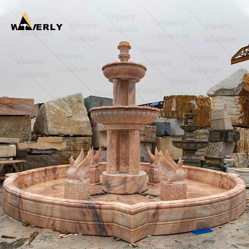 Large sunset red marble water fountain with column and swan sculpture MFC101502