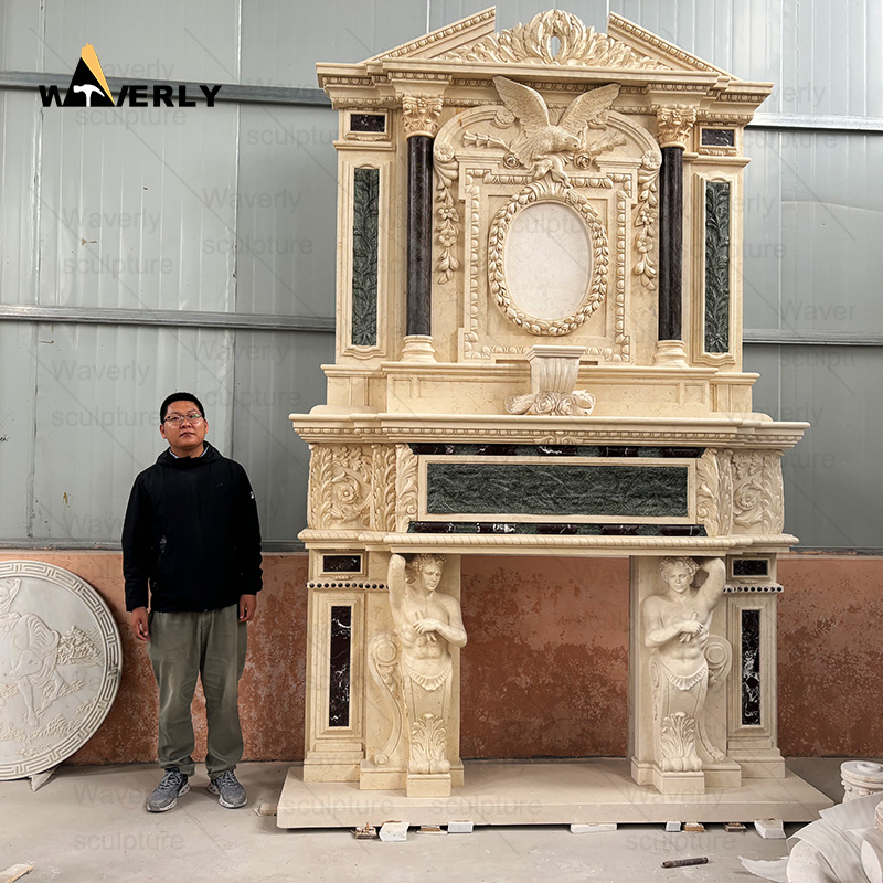 European style large luxury double layer marble fireplace sunrround mantel CMF24-10-1003