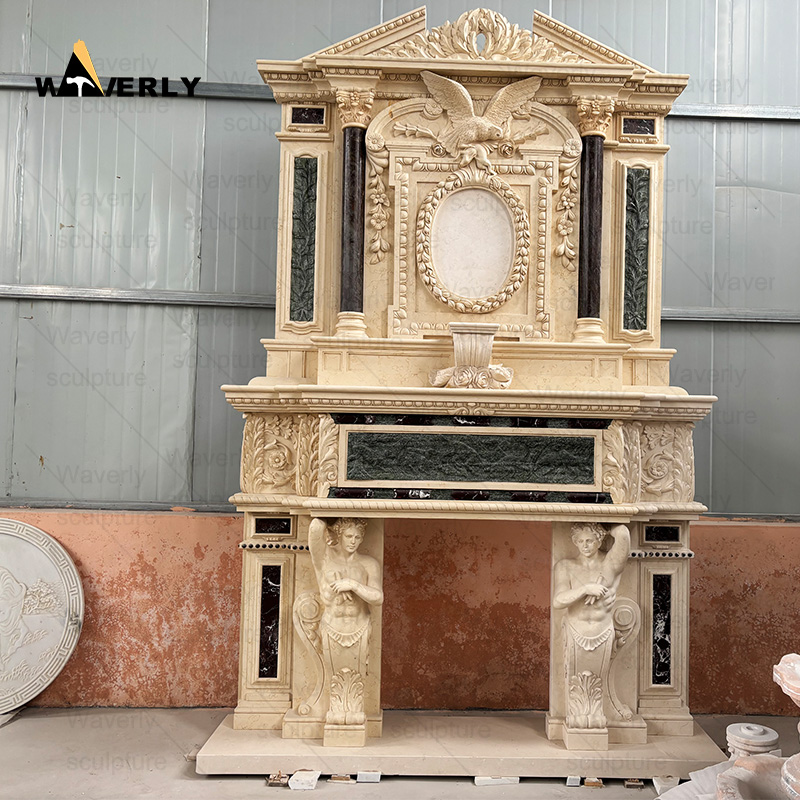 European style large luxury double layer marble fireplace sunrround mantel CMF24-10-1003