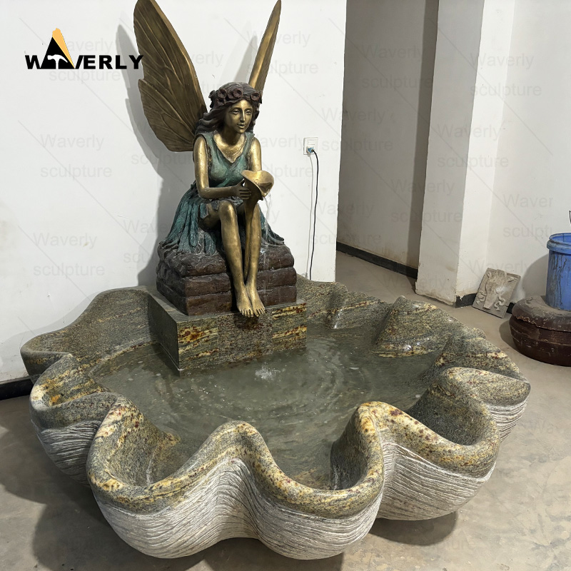 Outdoor garden decor bronze Fairy statue water fountain with stone pool -MFC102103