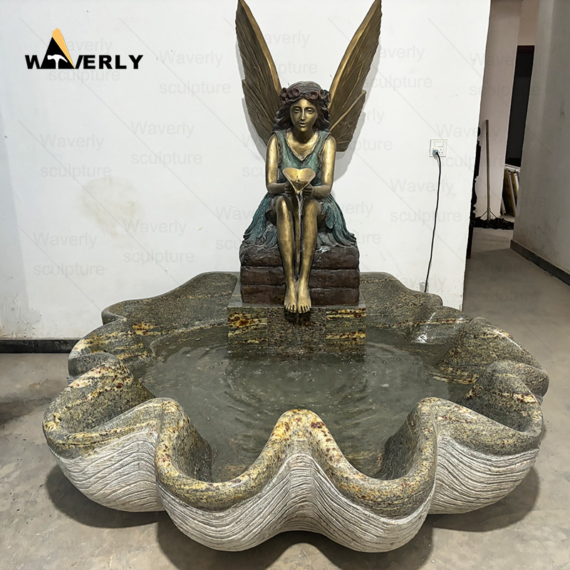 Outdoor garden decor bronze Fairy statue water fountain with stone pool -MFC102103