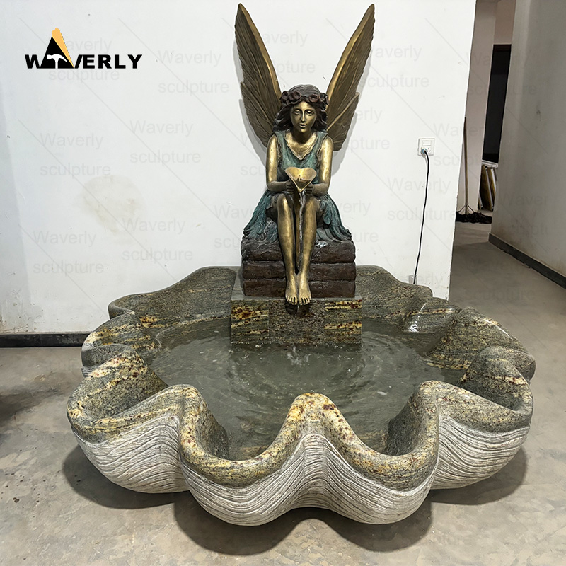 Outdoor garden decor bronze Fairy statue water fountain with stone pool -MFC102103