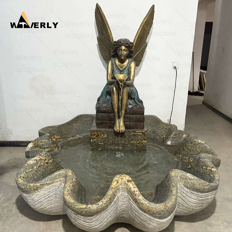 Outdoor garden decor bronze Fairy statue water fountain with stone pool -MFC102103