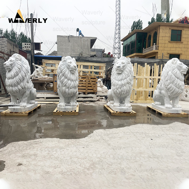 White marble sitting lion statue in stock ML-102301CH