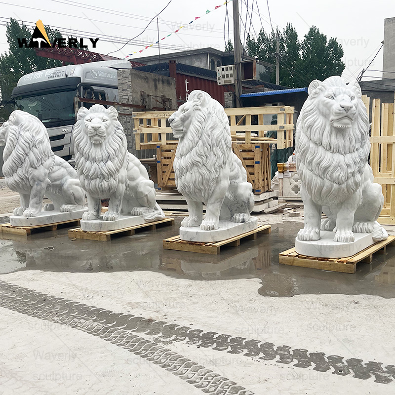 White marble sitting lion statue in stock ML-102301CH