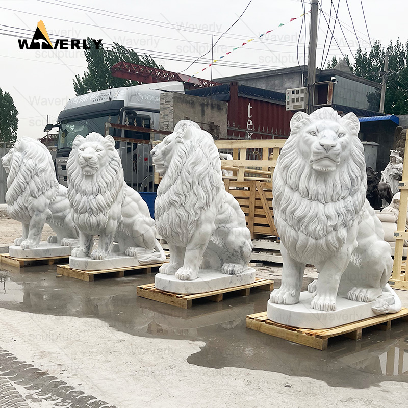 White marble sitting lion statue in stock ML-102301CH