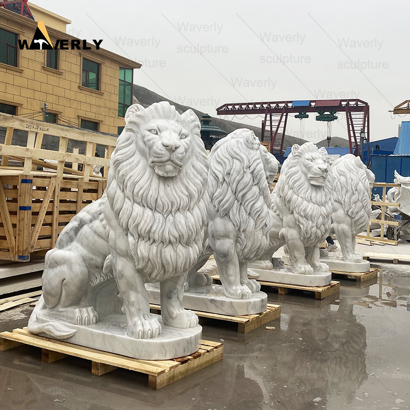 White marble sitting lion statue in stock ML-102301CH