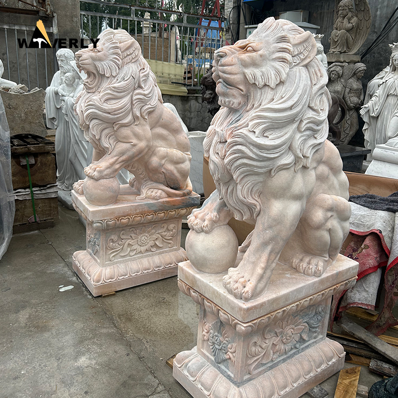 Large sunset red marble roaring lion statue ML-111201