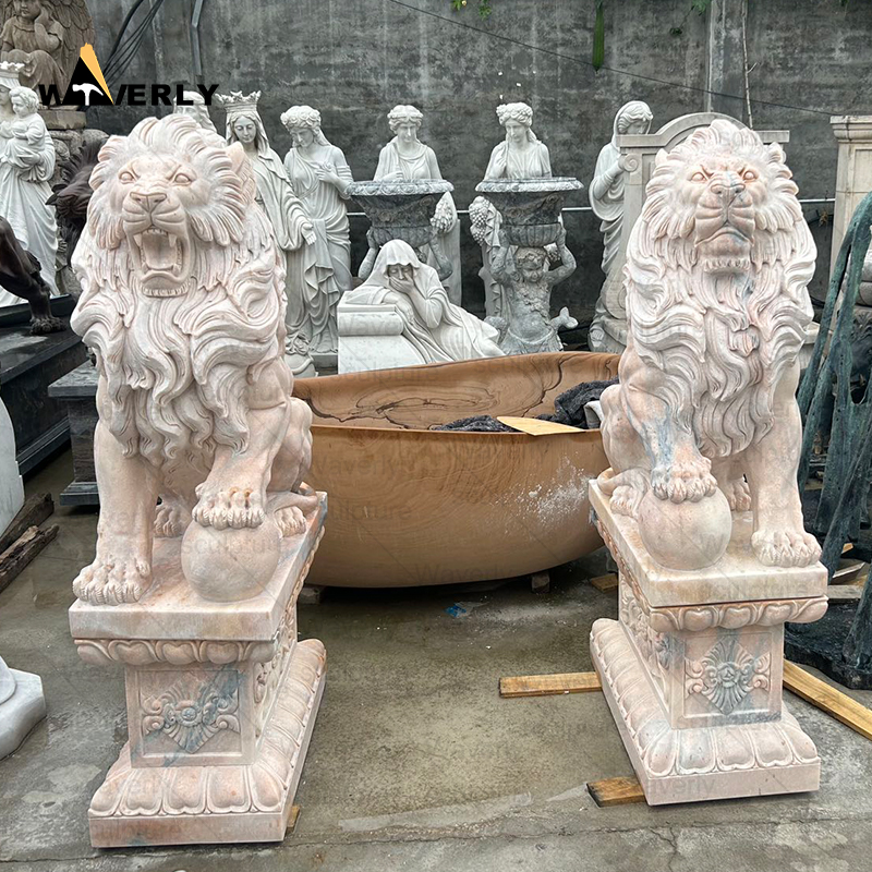 Outdoor sunset red marble front door lion statues ML-111203