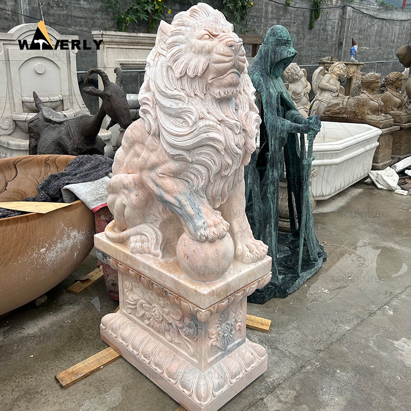 Garden sunset red marble stone sitting lion statue sculpture ML-111202