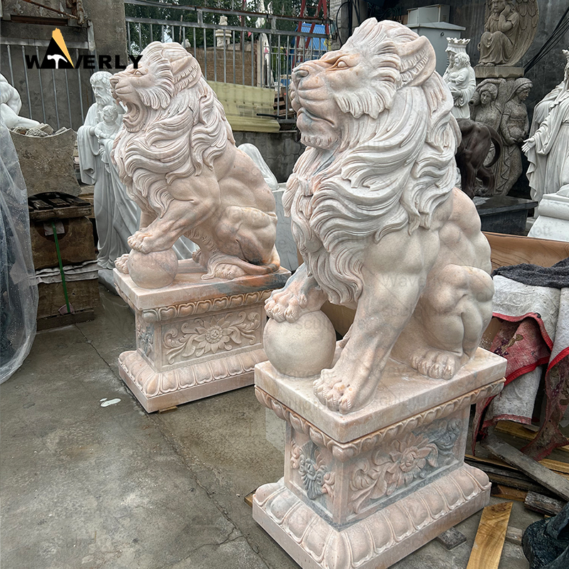 Outdoor sunset red marble front door lion statues ML-111203