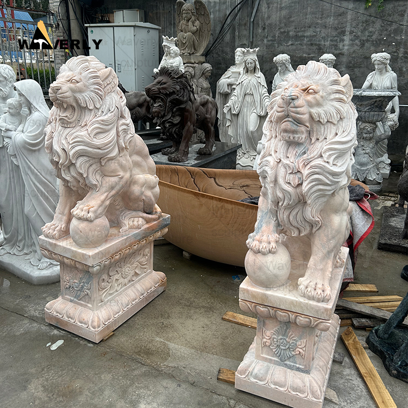 Outdoor sunset red marble front door lion statues ML-111203