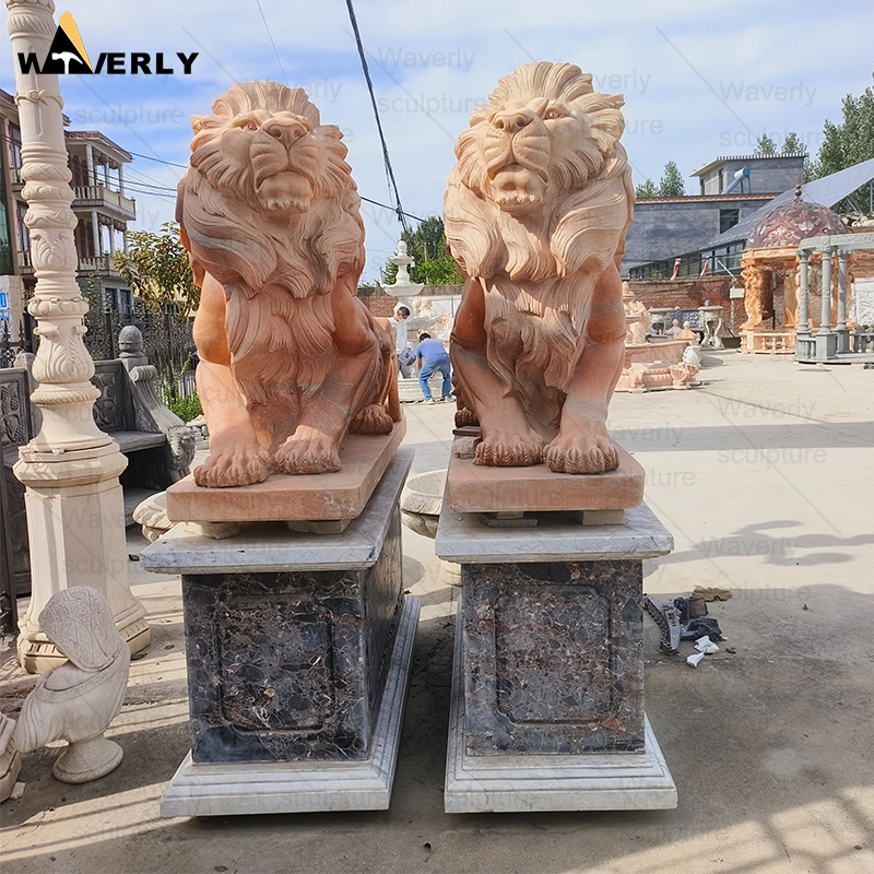 Outdoor sunset red marble front door lion statues ML-111203