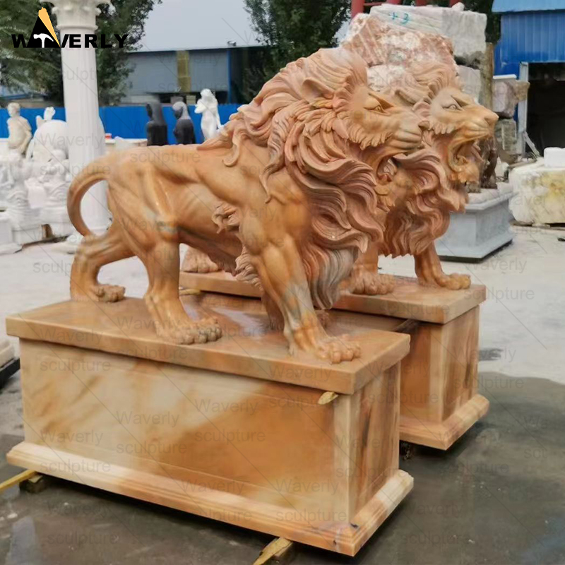 Outdoor sunset red marble front door lion statues ML-111203