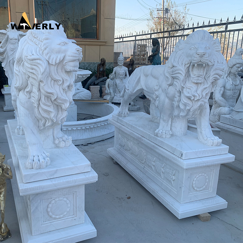 A pair of white marble lion statues with base ML-111401