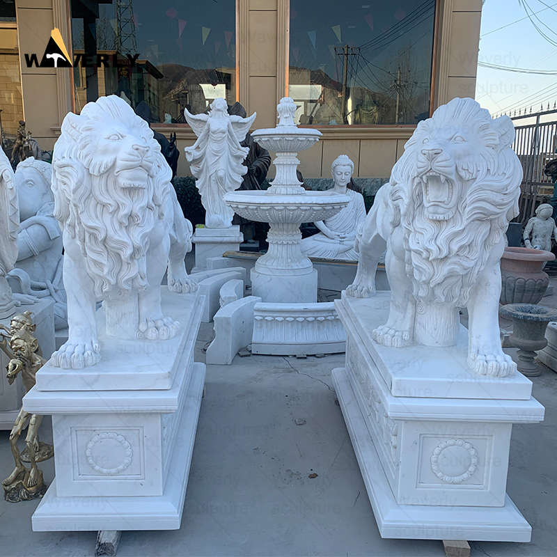 A pair of white marble lion statues with base ML-111401