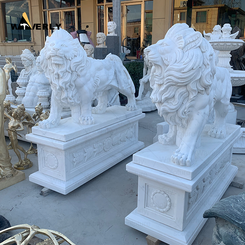 A pair of white marble lion statues with base ML-111401