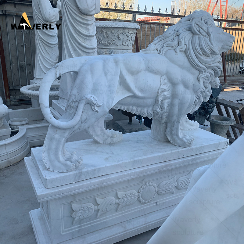 A pair of white marble lion statues with base ML-111401