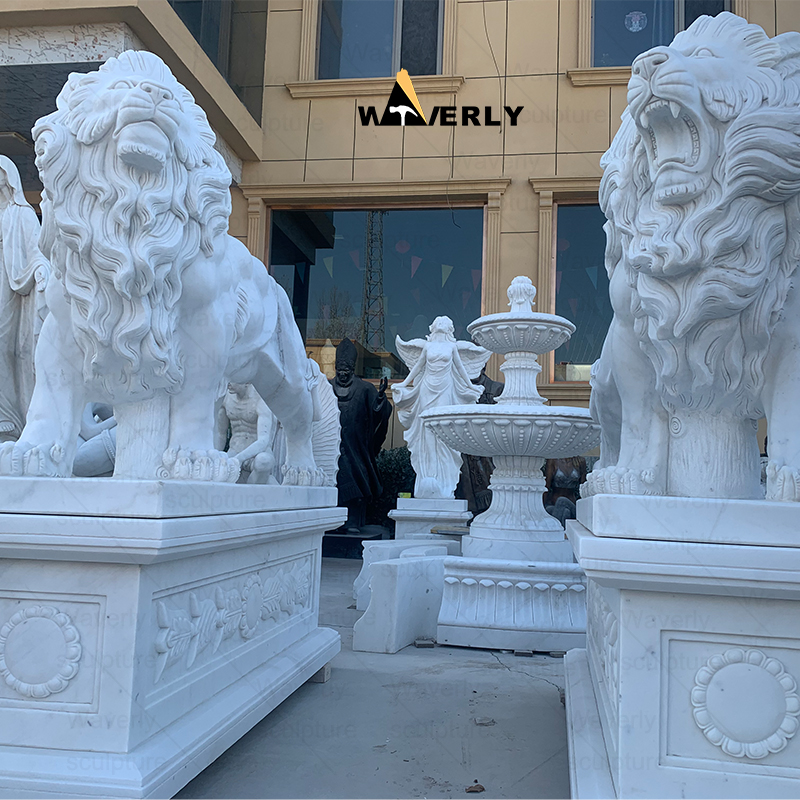 A pair of white marble lion statues with base ML-111401