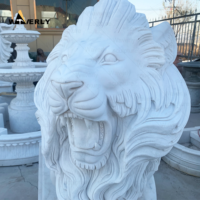 A pair of white marble lion statues with base ML-111401