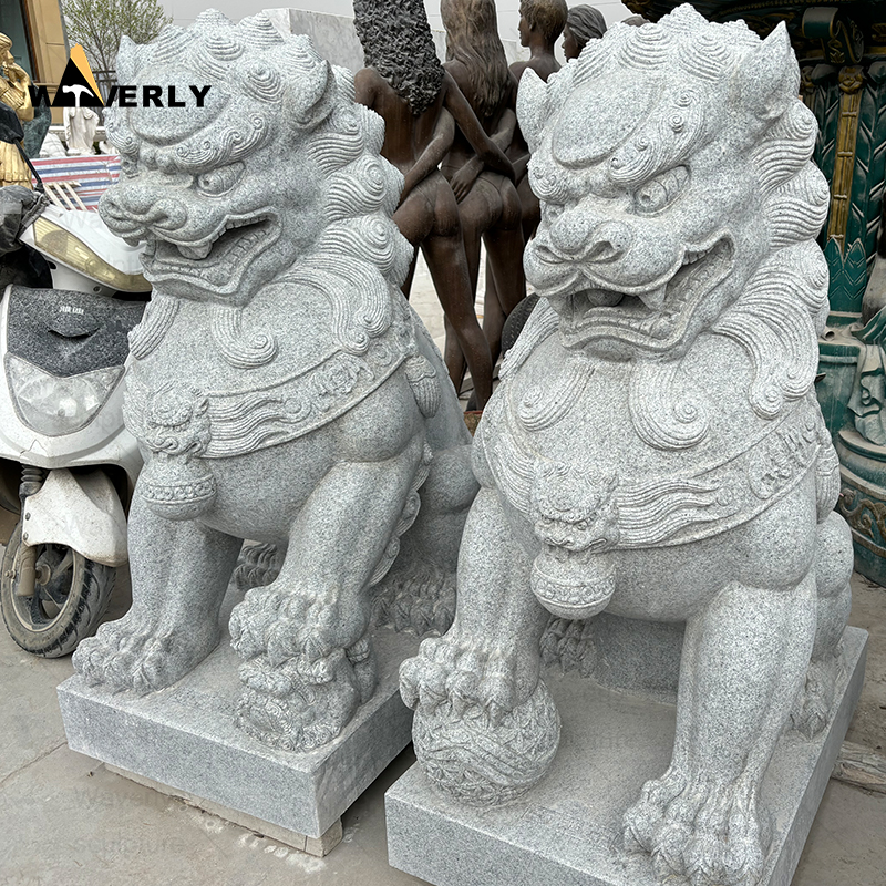 Custom design black life size foo dog stone statues ML24-112602