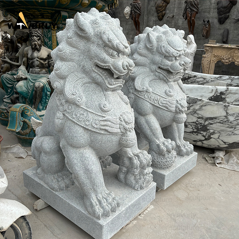 Custom design black life size foo dog stone statues ML24-112602