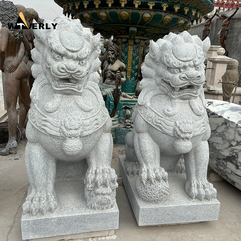 Custom design black life size foo dog stone statues ML24-112602