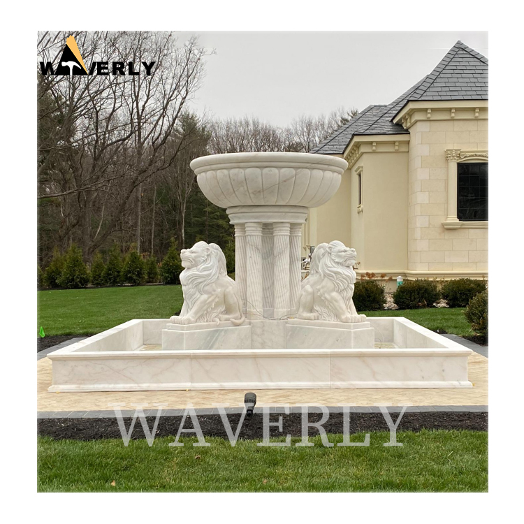 Garden Decorate Square Marble Lion Statue Fountain  MAR24-1118-04