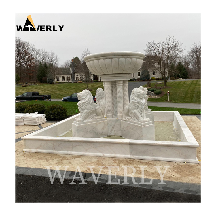 Garden Decorate Square Marble Lion Statue Fountain  MAR24-1118-04